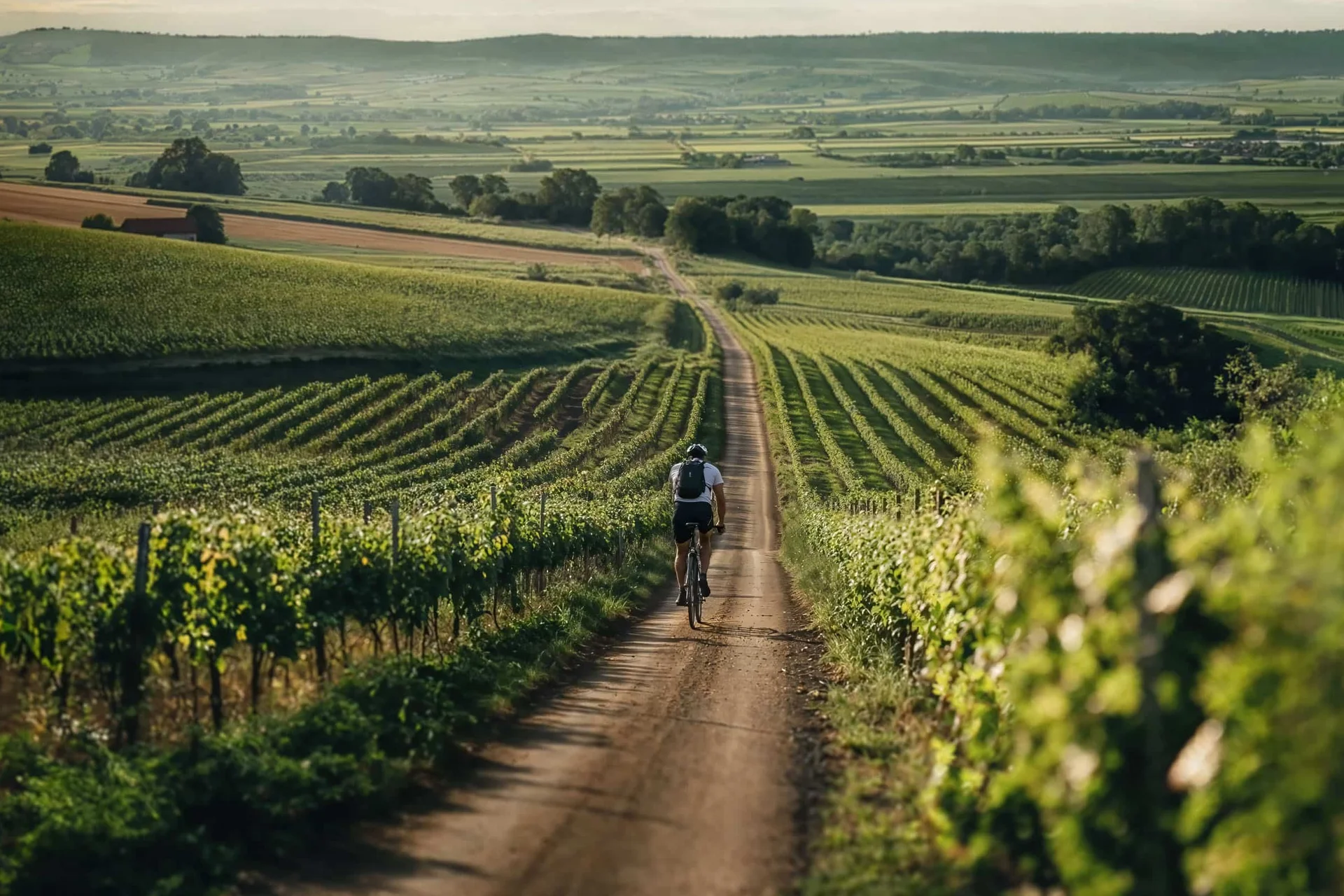 Velontour © Falkensteiner Balance Resort Stegersbach Radfahrer auf einem Feldweg durch Weinberge in einer ländlichen Landschaft